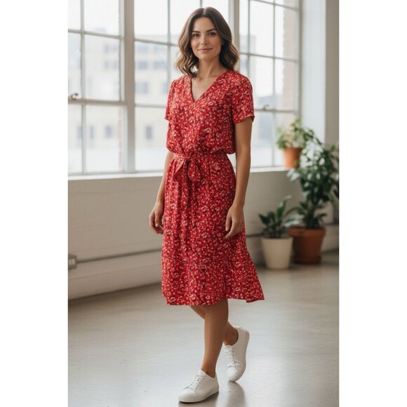 Banana Republic Red Floral Midi Dress Tie Waist Short Sleeve Women’s M - Picture 2 of 6
